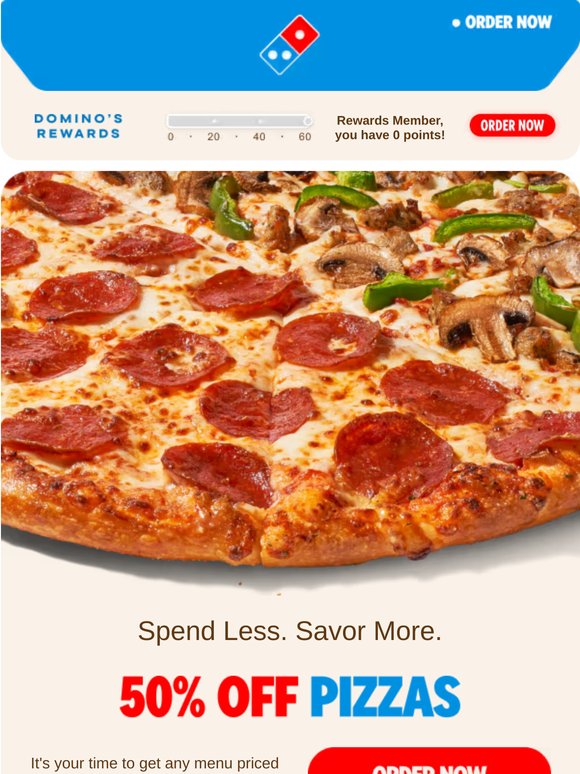 4 words: 50 👏 % 👏 OFF 👏 Pizzaaaa