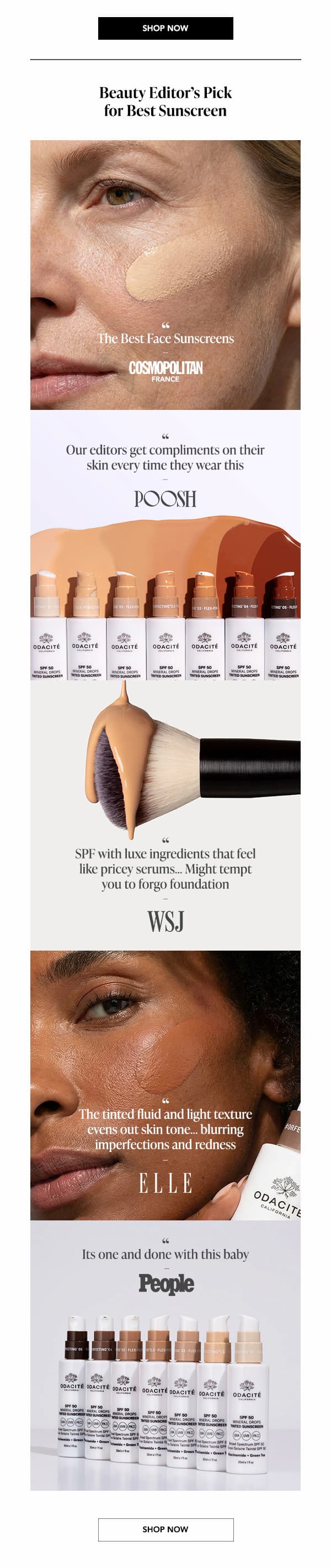  Press callout block featuring Beauty Editor's Pick quotes from Cosmopolitan France, Poosh, WSJ, ELLE, and People alongside model and product imagery across multiple shades