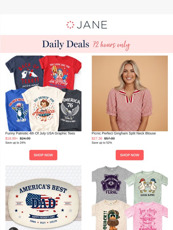 Daily Deals: Funny Patriotic Graphic Tees | America's Best Dad Personalized Platter | Gingham Split Neck Blouse | & More!