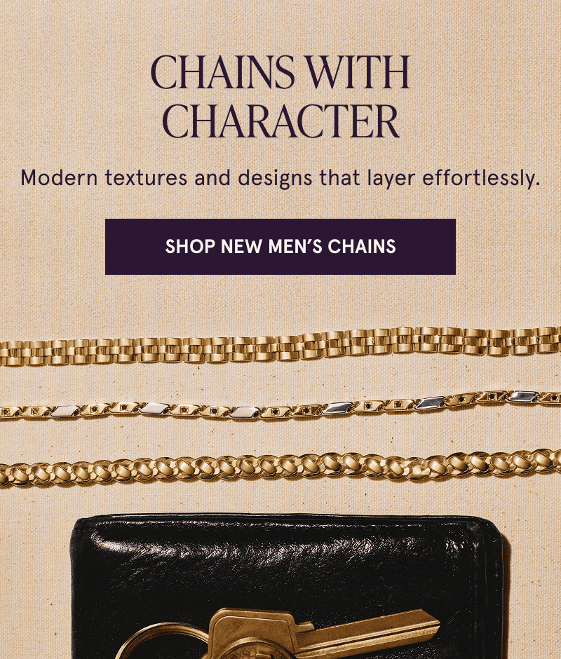 Three gold chains above a set of keys and a wallet. Modern textures and designs. Click here to shop new men’s chains