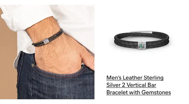 Men’s Leather Sterling Silver 2 Vertical Bar Bracelet with Gemstones