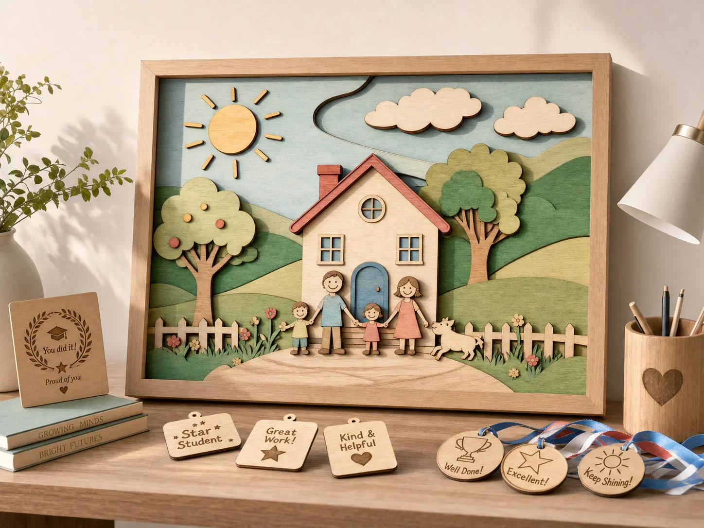 Kids drawing transformed into layered wood art