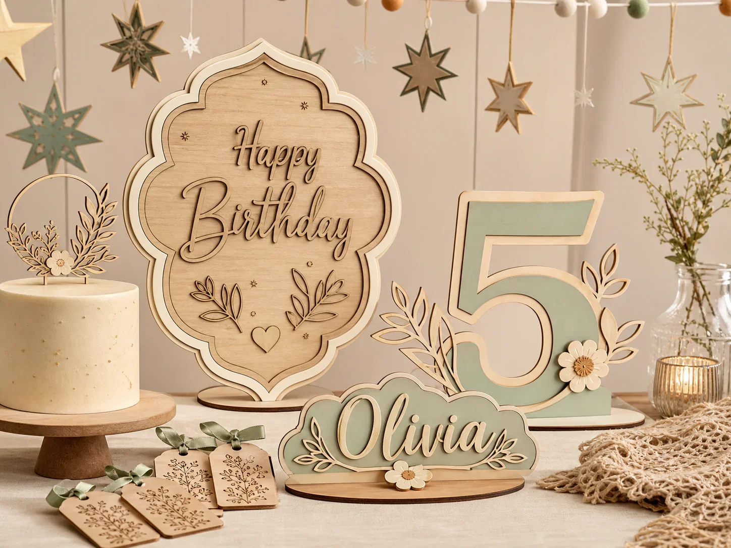 Laser-made birthday party decor set