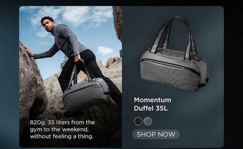 Momentum Duffel | 820g. 35 liters from the gym to the weekend, without feeling a thing. | SHOP NOW