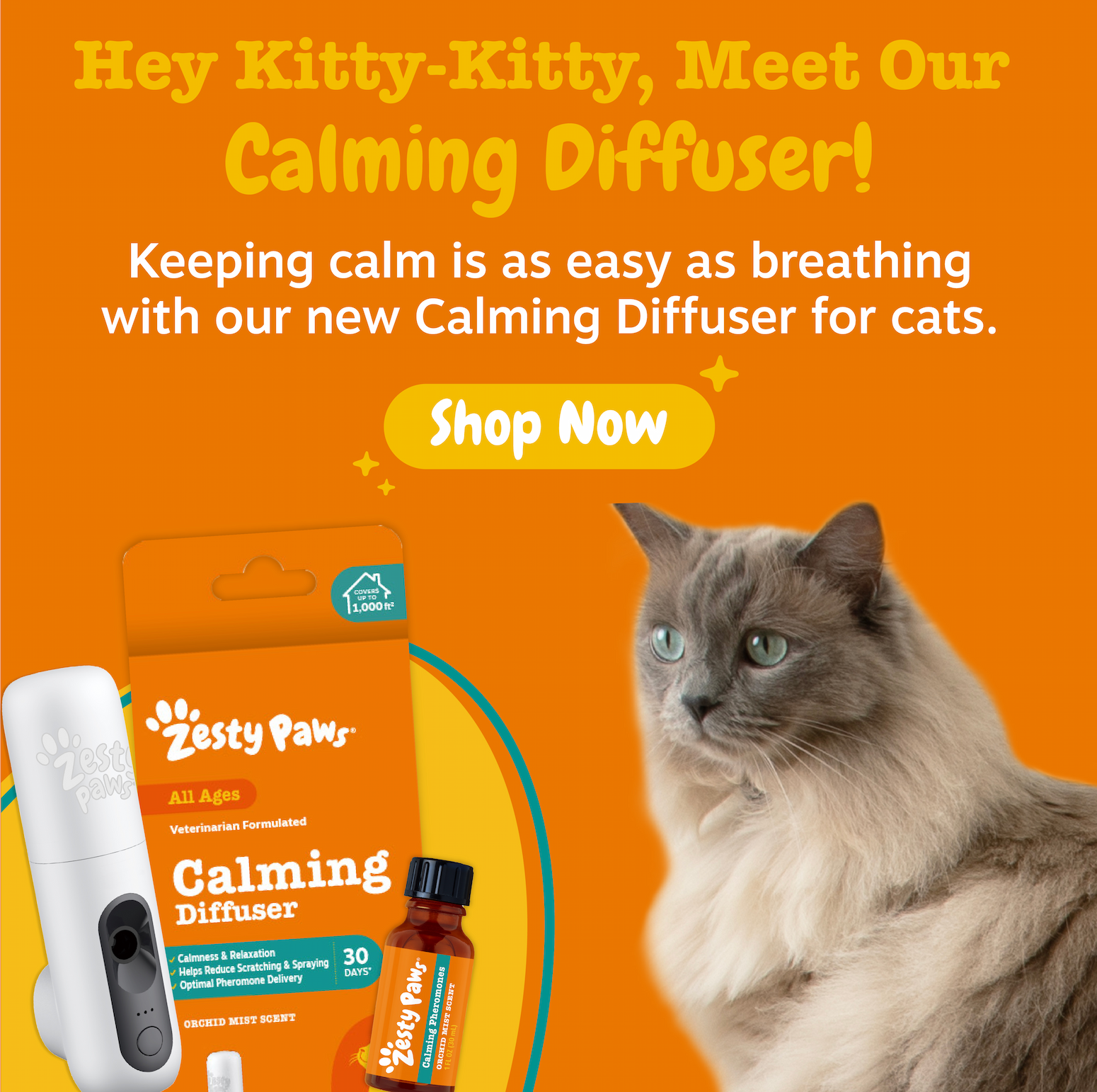 Hey Kitty-Kitty, Meet Our Calming Diffuser! Keeping calm is as easy as breathing with our new Calming Diffuser for cats. Shop now!