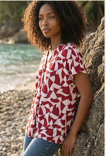 Red Abstract Print V-Neck Stretch Top
