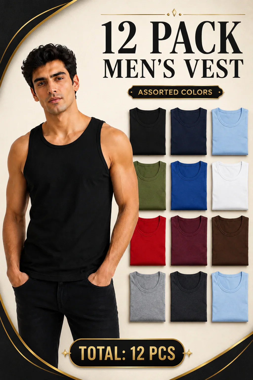 Image of 12 Pack Men’s Assorted Sleeveless Vests - From £2.08 Per Unit