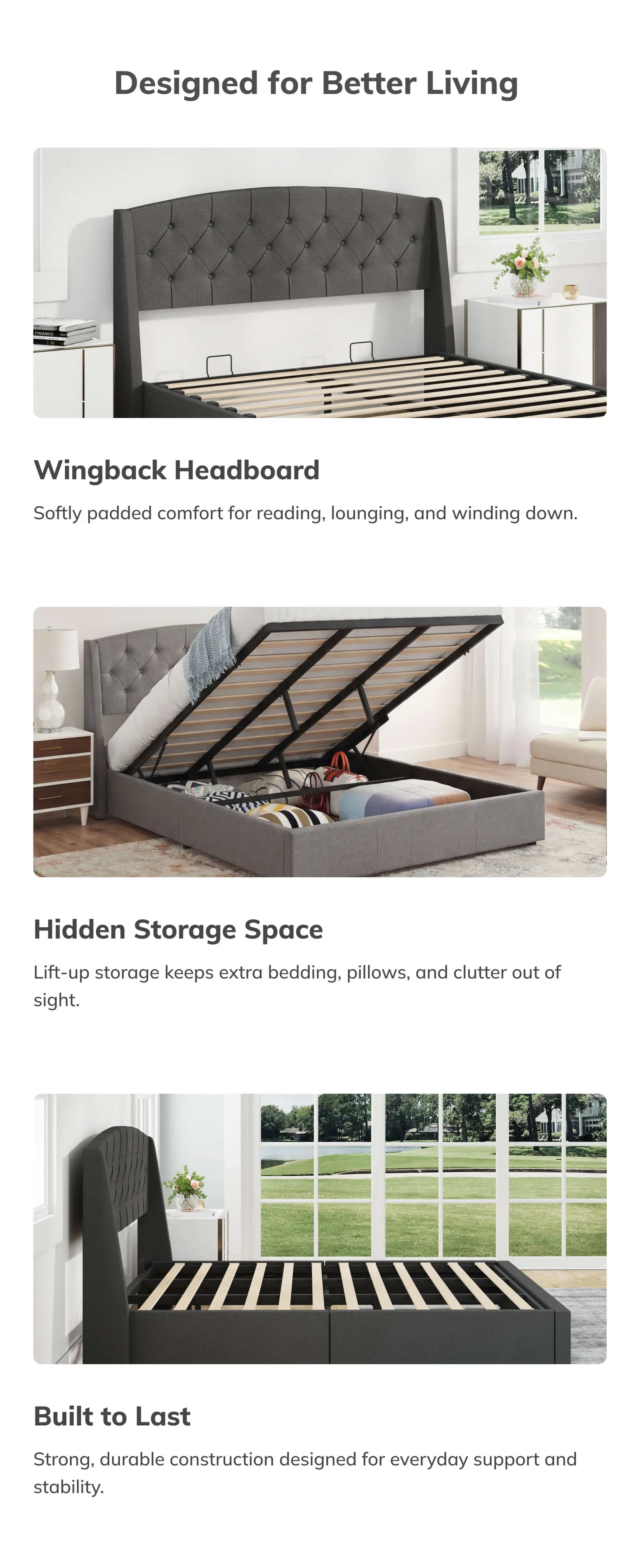 Wingback Headboard, Hidden Storage Space, Built to Last
