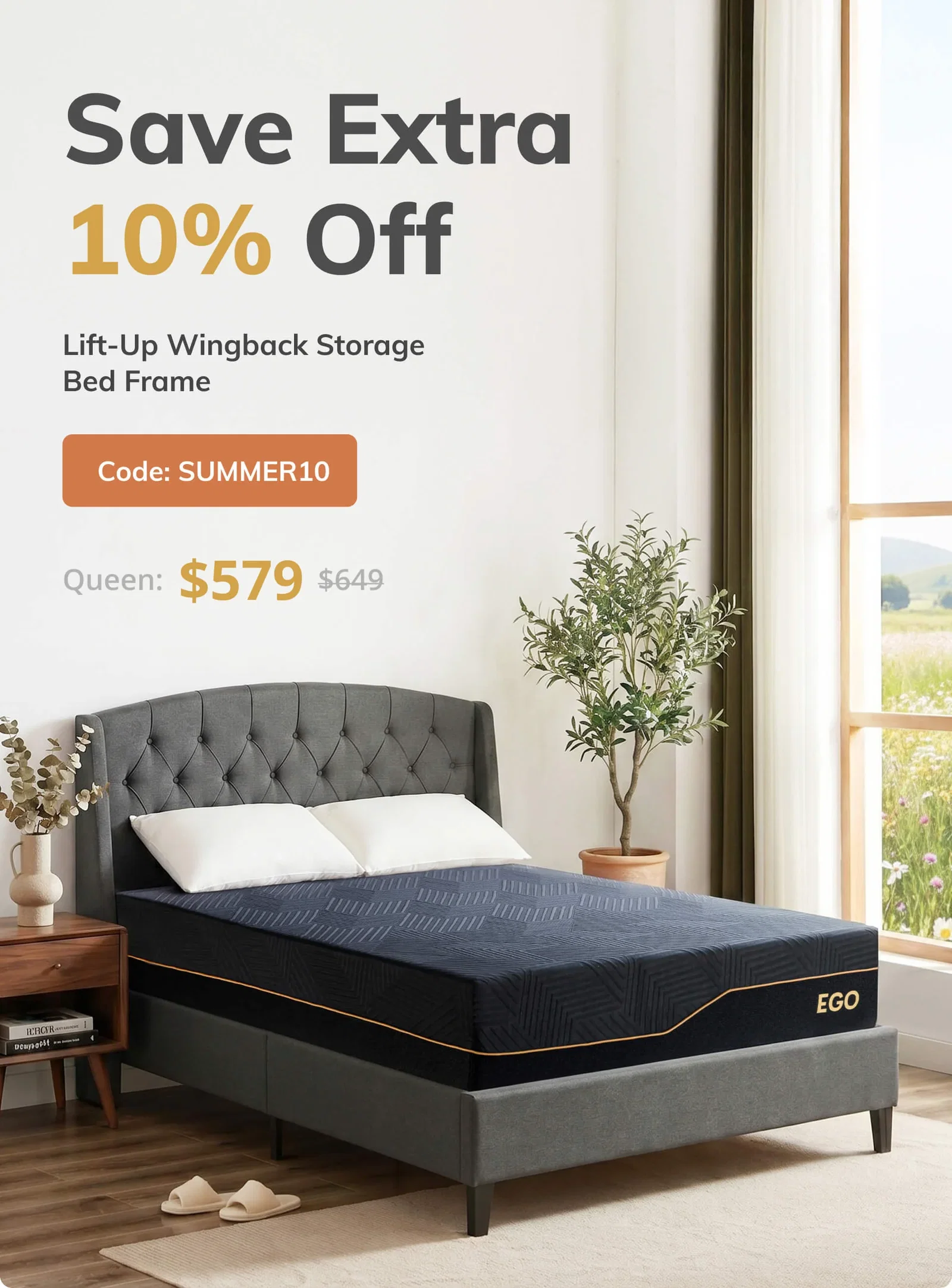 Save Extra 10% Off Lift-Up Wingback Storage Bed Frame, Code: SUMMER10