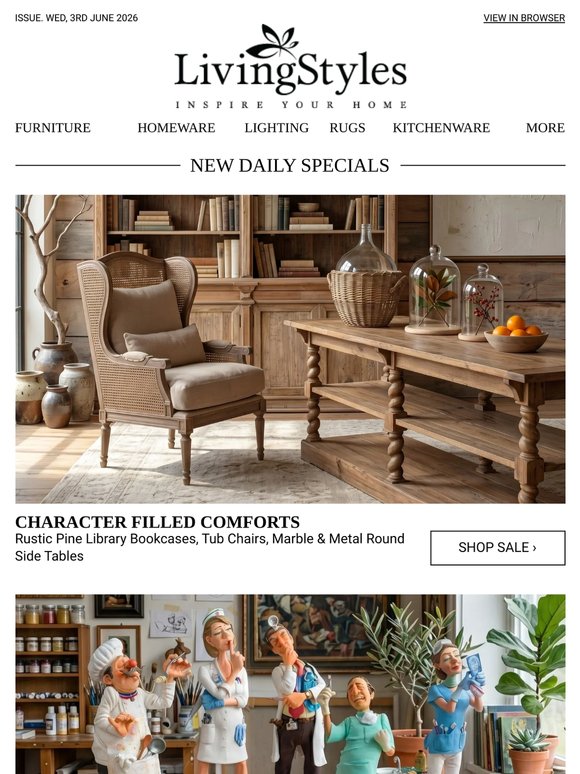 Rustic Pine Library Bookcases, Tub Chairs, Marble & Metal Round Side Tables, Guillermo Forchino Comic Art Figurines & Hot Air Balloon Hanging...
