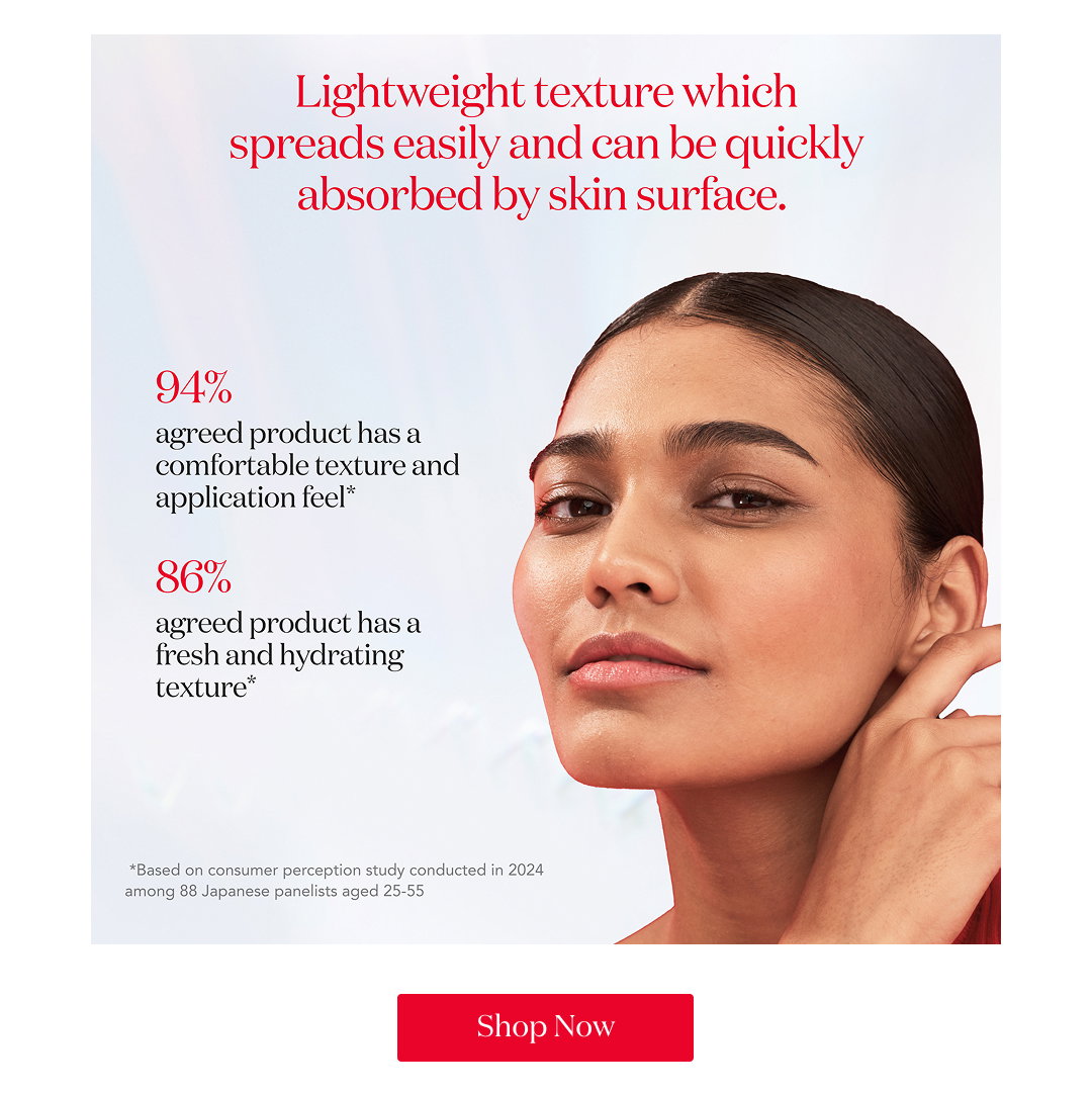 Woman with smooth skin next to text about lightweight, fast-absorbing texture and consumer results showing 94% comfort and 86% hydration satisfaction.