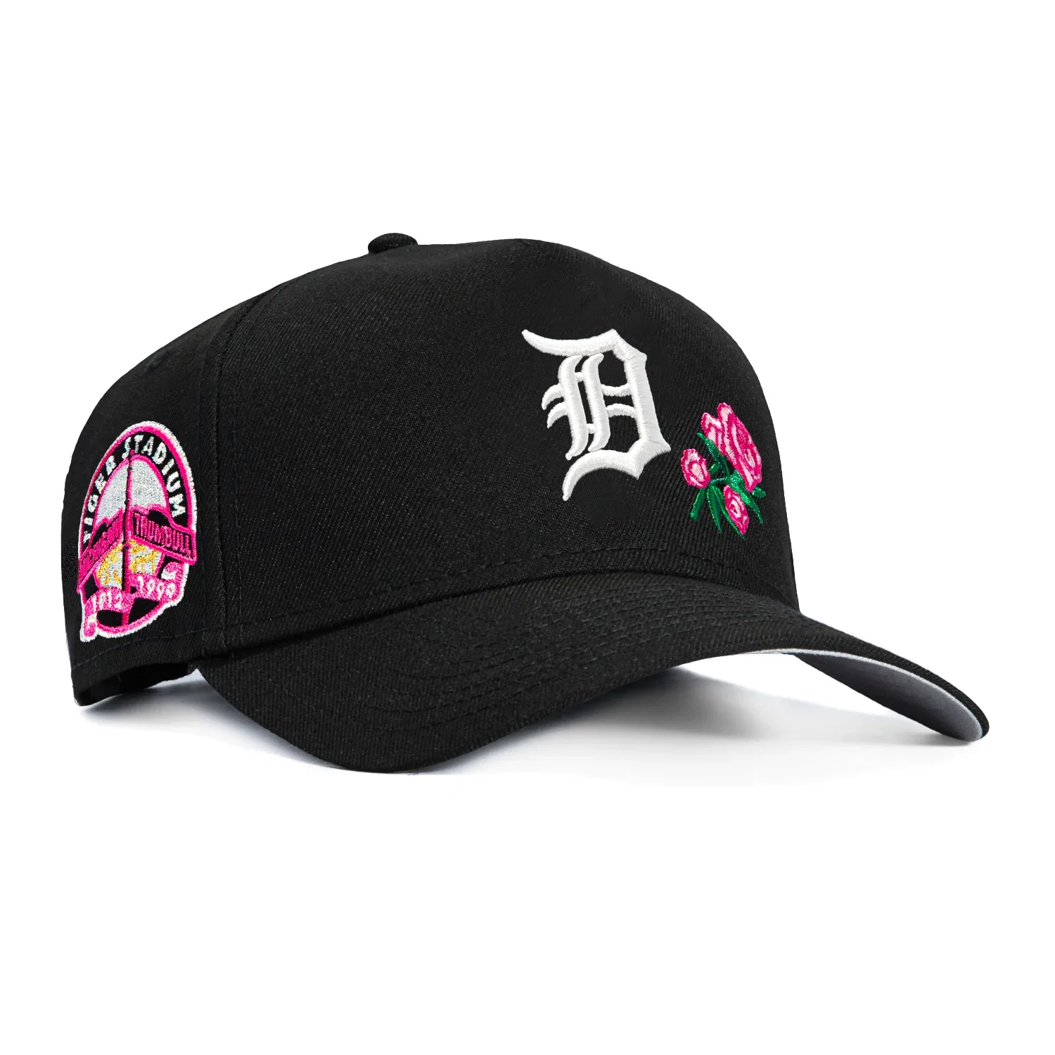 Image of New Era 9Forty A-Frame Detroit Tigers Stadium Patch Rose Snapback Hat - Black, Pink