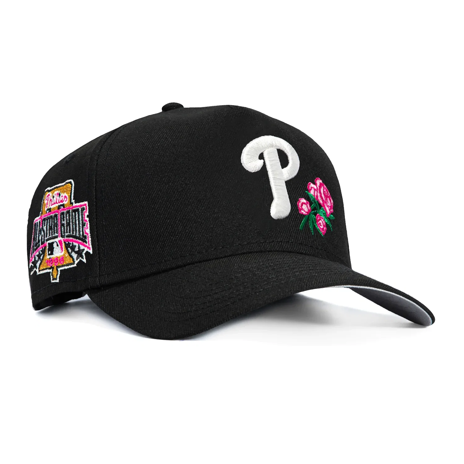 Image of New Era 9Forty A-Frame Philadelphia Phillies 1996 All Star Game Patch Rose Snapback Hat - Black, Pink
