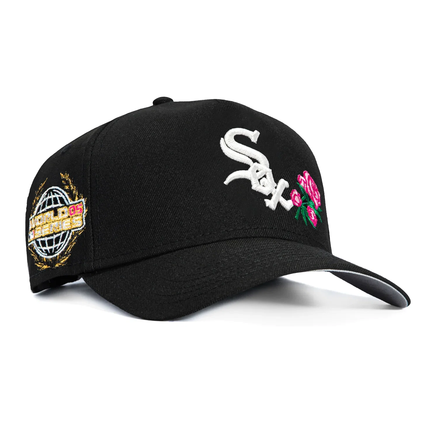 Image of New Era 9Forty A-Frame Chicago White Sox 2005 World Series Patch Rose Snapback Hat - Black, Pink