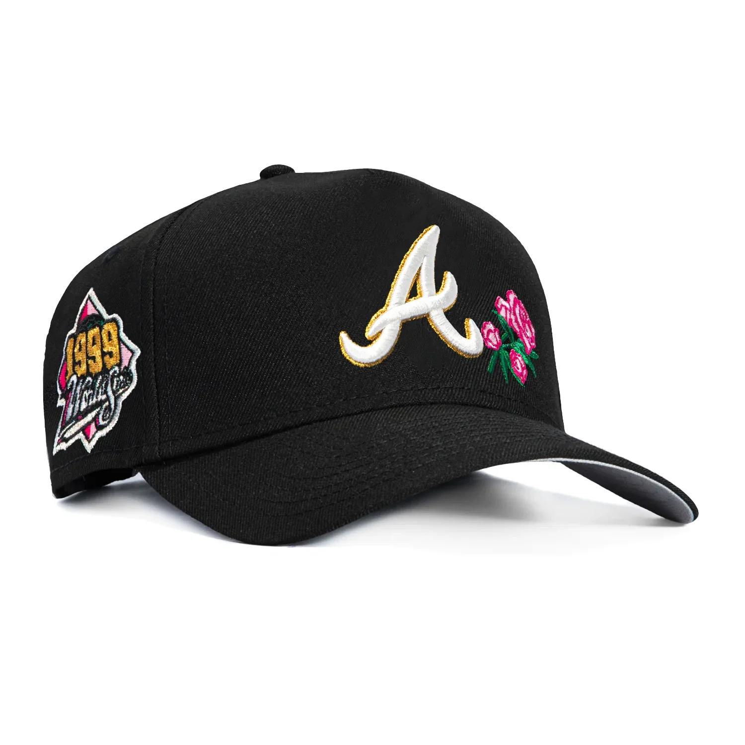 Image of New Era 9Forty A-Frame Atlanta Braves 1999 World Series Patch Rose Snapback Hat - Black, Pink
