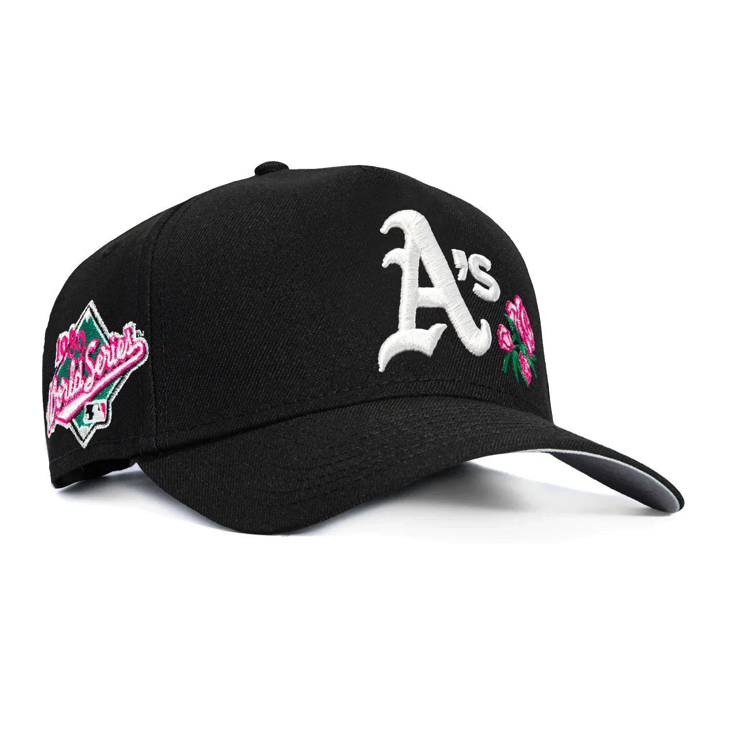 Image of New Era 9Forty A-Frame Oakland Athletics 1989 World Series Patch Rose Snapback Hat - Black, Pink