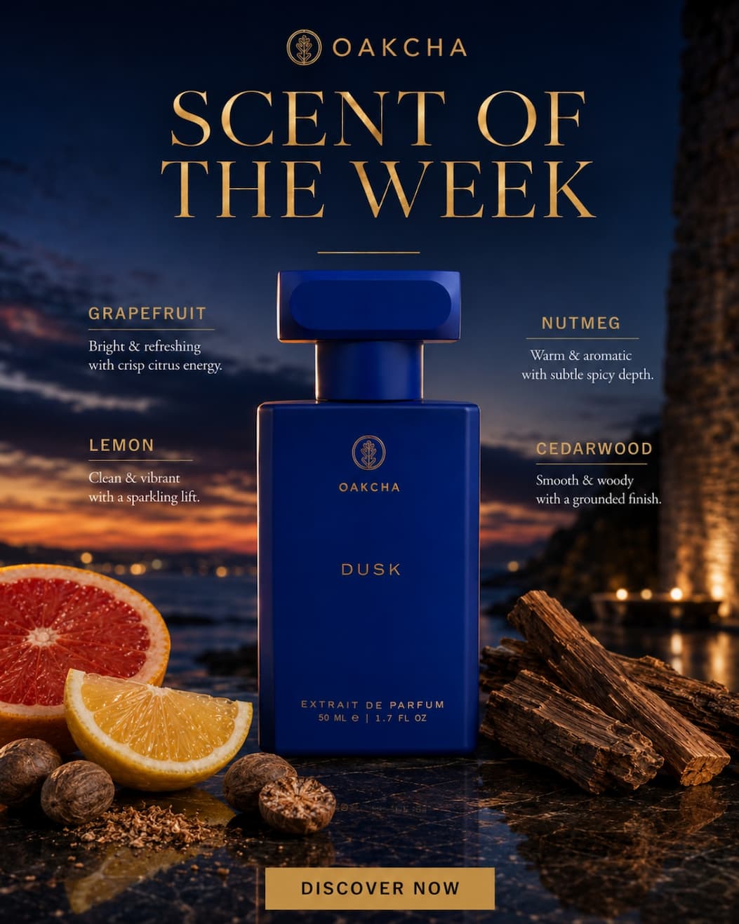 Oakcha. 25% off scent of the week. Dusk is inspired by Bleu de Chanel. Shop Now.