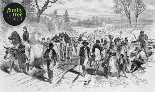 Black and white illustration of a group of people, ox-drawn carts, and soldiers traveling along a rural road, with trees and fields in the background. "Family Tree Podcast" logo in upper left corner.