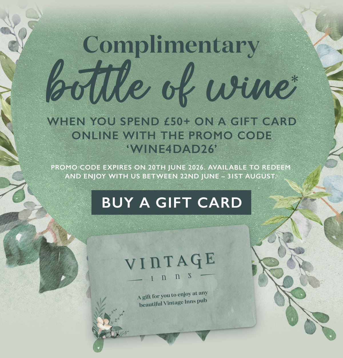 Complimentary bottle of wine when you spend £50+ on a gift card online with the promo code 'WINE4DAD26'.