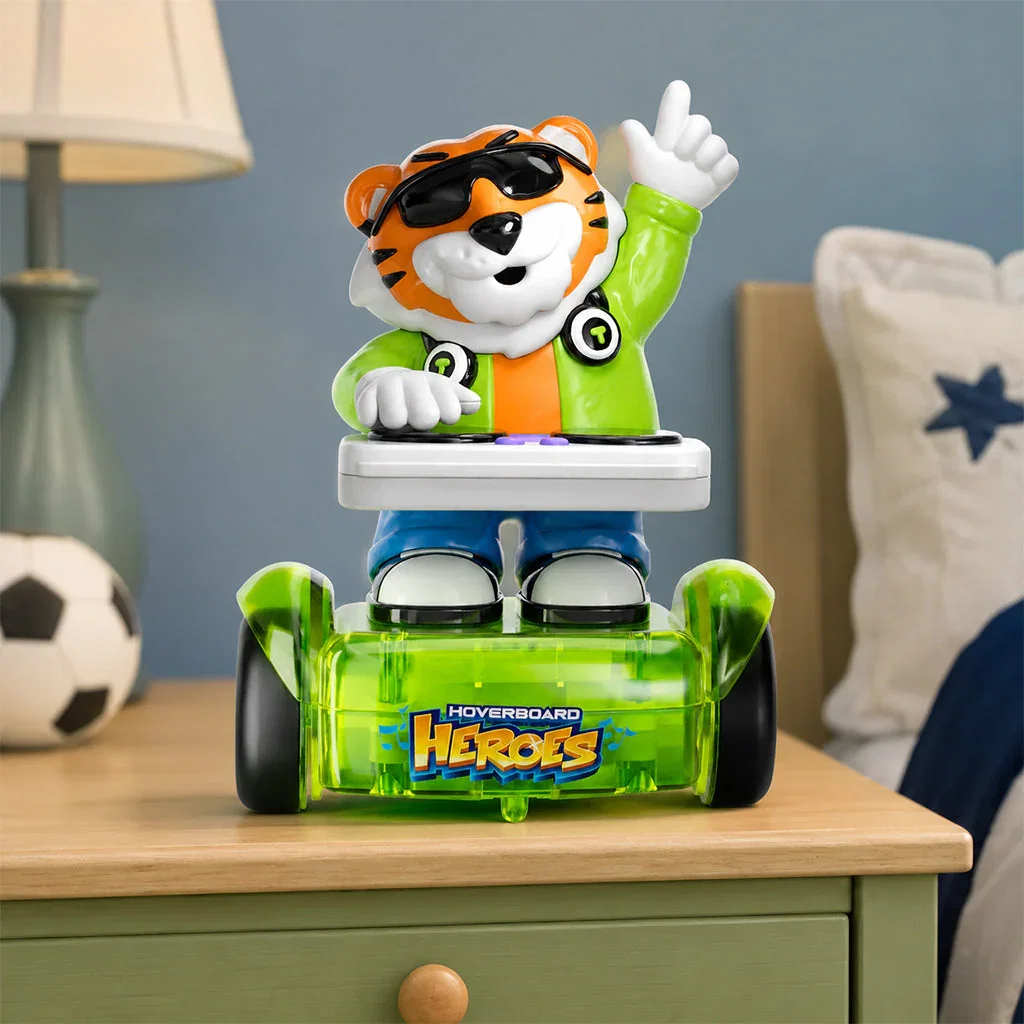 A cool tiger character toy on a green hoverboard with 
