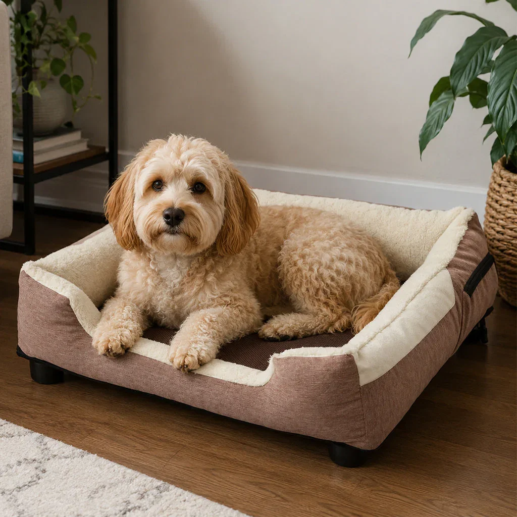 A tan and cream dog resting in a mauve pet bed with cream cushioning in a modern home interior.