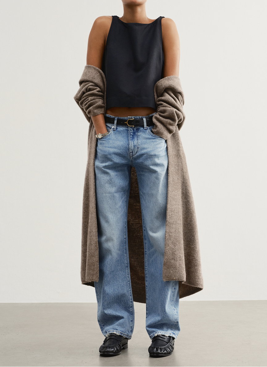 The Culture. Slouchy, relaxed, floats away from the body. Sits low on the hips, cute bum.