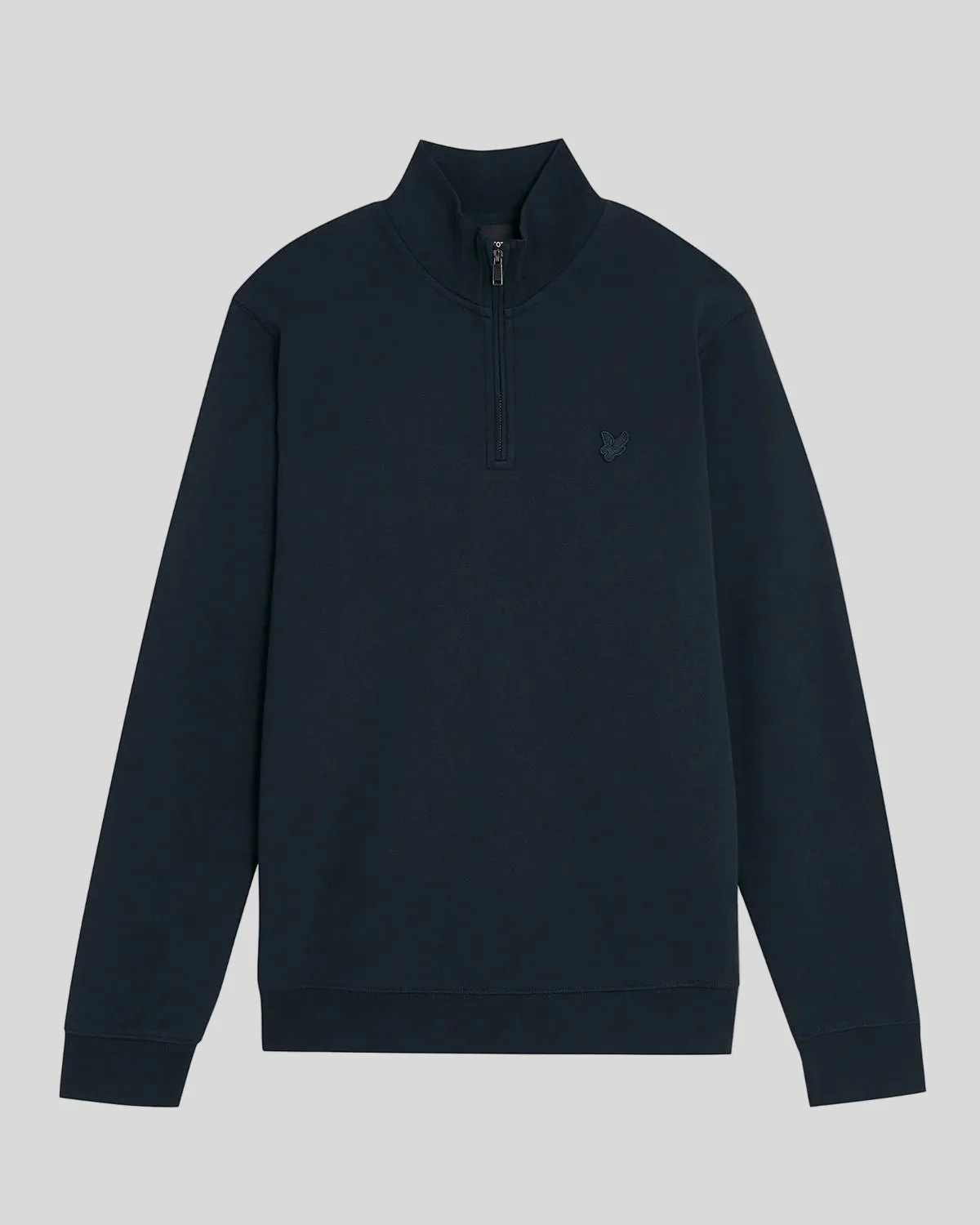 Man wears Superfine Cotton 1/4 Zip Sweatshirt in Dark Navy