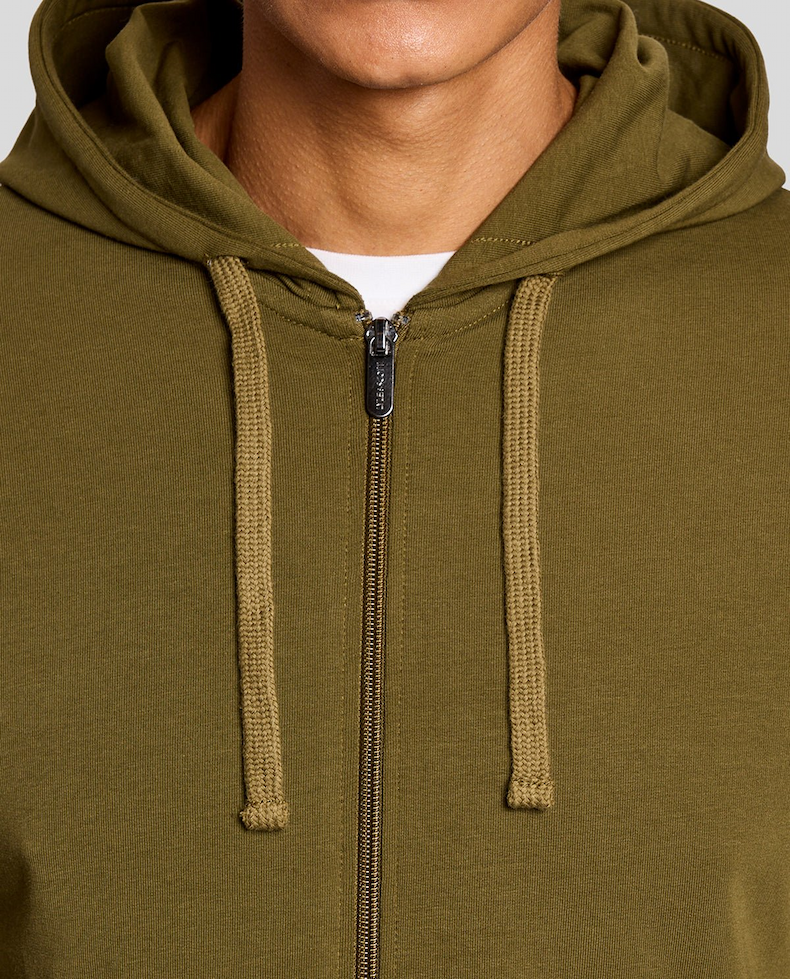 Man wears Lightweight Lounge Zip Hoodie in Olive