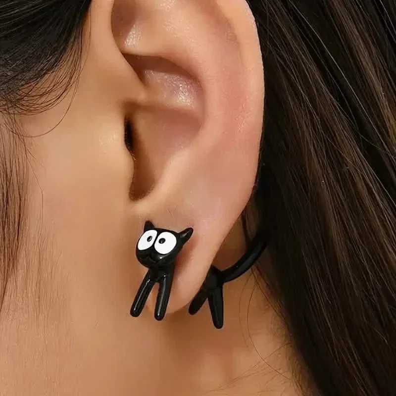 Image of Black Cat Front And Back Stud Earrings For Women