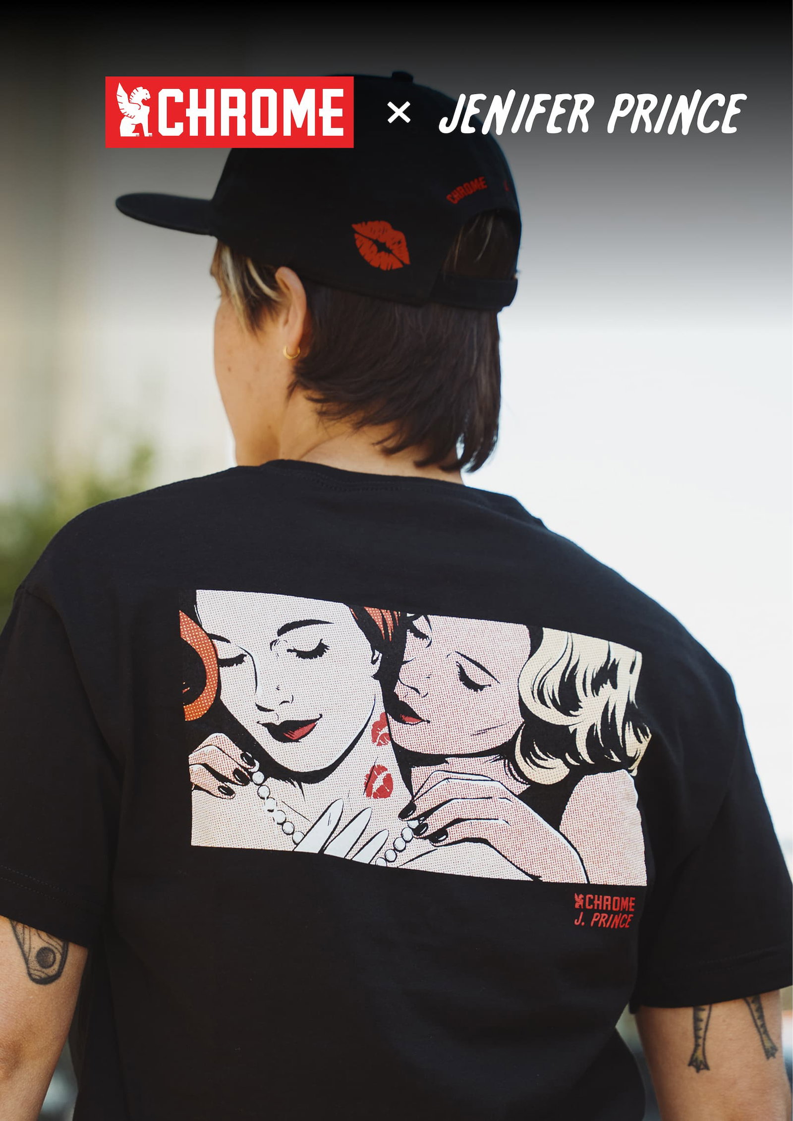 The new Pride Tee worn by a woman with J. Prince art on the back