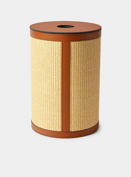 Aurora Leather and Straw Lidded Wastepaper Basket