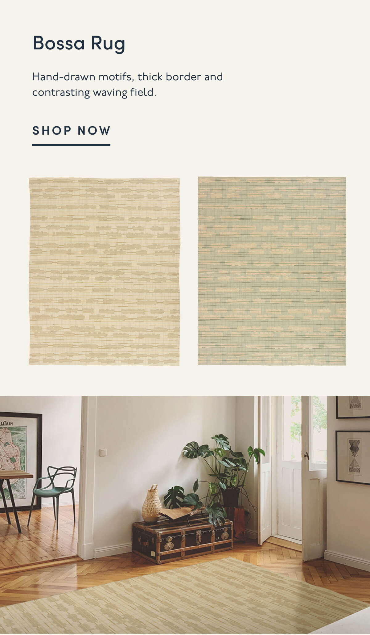 Bossa Rug | Hand-drawn motifs, thick border and contrasting waving field. | SHOP NOW