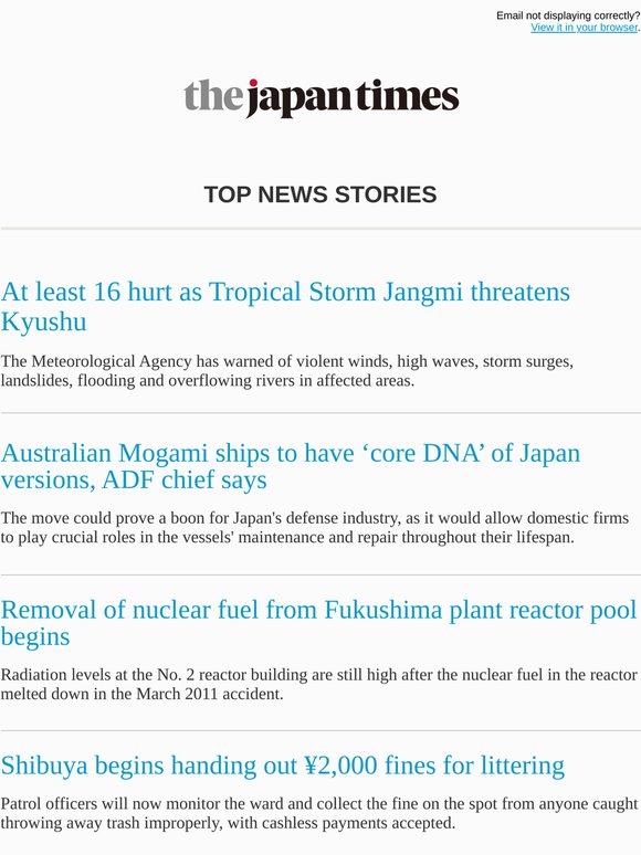 Today's top news: At least 16 hurt as Tropical Storm Jangmi threatens Kyushu