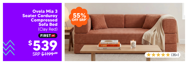 Ovela Mia 3 Seater Corduroy Compressed Sofa Bed (Clay Red)