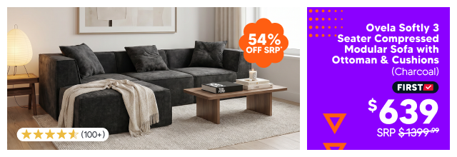 Ovela Softly 3 Seater Compressed Modular Sofa with Ottoman & Cushions (Charcoal)