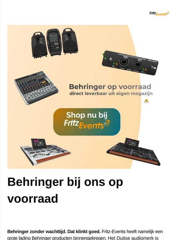 Direct aan de slag met Behringer? Fritz-Events heeft het op voorraad.
