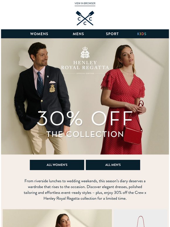 30% off Crew x Henley Royal Regatta collection