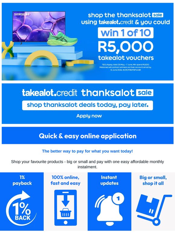 Shop Thanksalot deals now and pay later with takealot.credit 💰