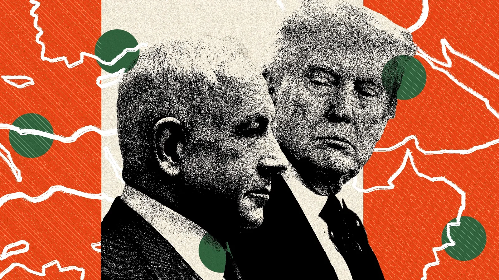 Photo illustration of Benjamin Netanyahu and Donald Trump over abstract lines in the shape of the Middle East. 