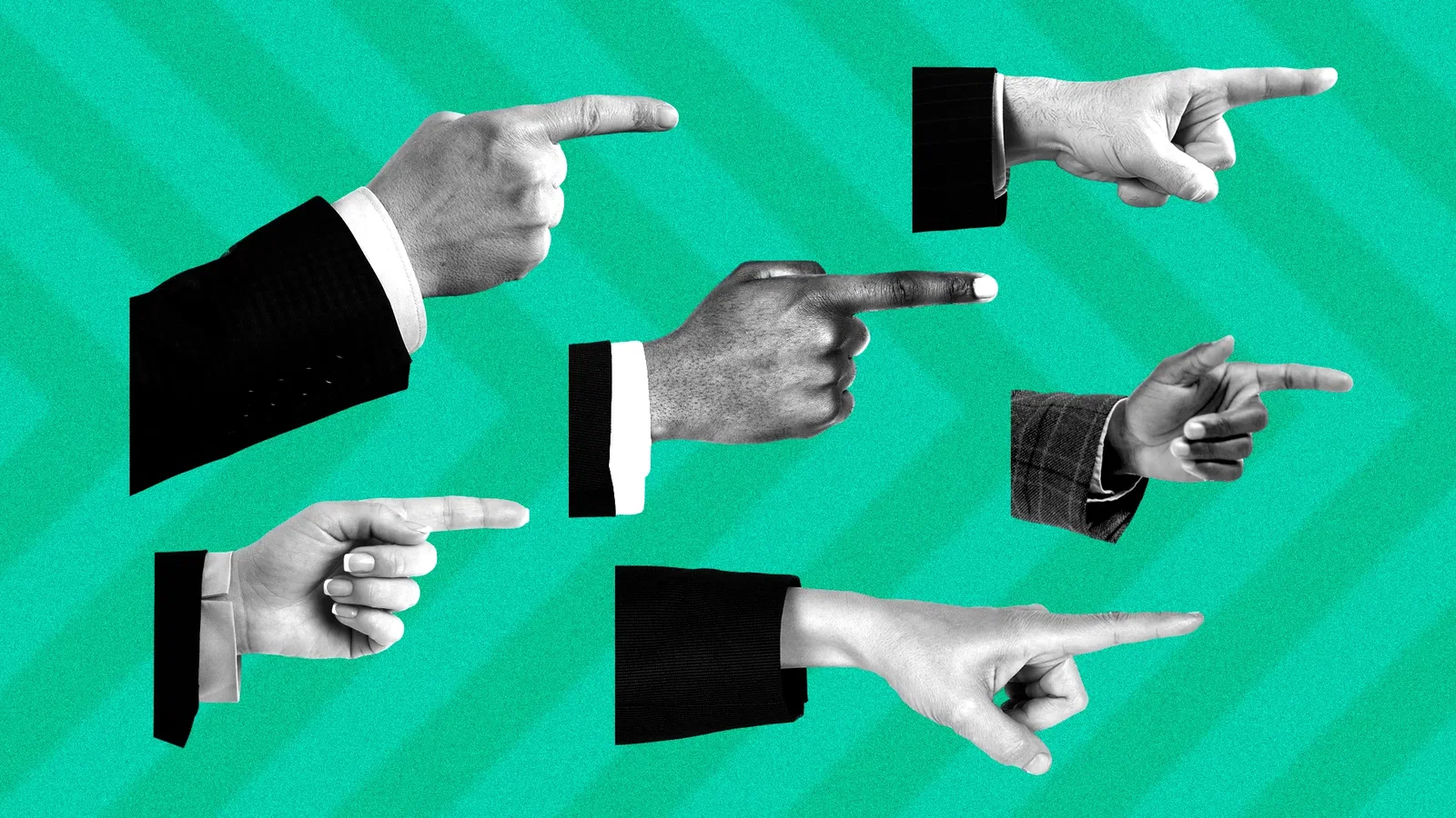 Illustration of 6 hands in business suits pointing forward, over a pattern of forward pointing chevron shapes.
