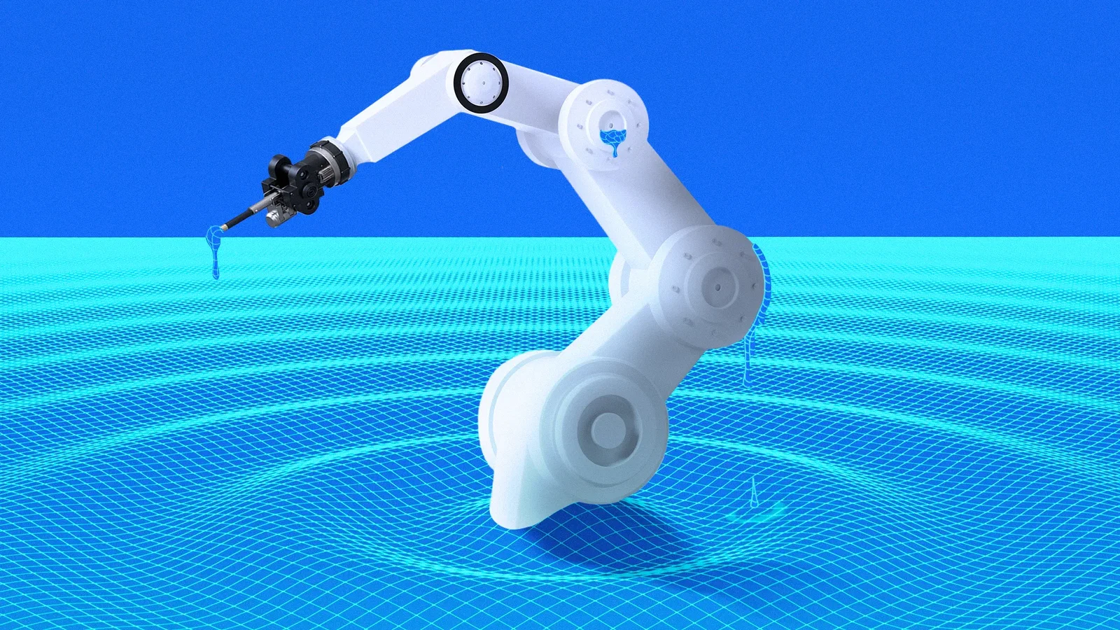 Illustration of a mechanical octopus arm breaking through the center of a rippling water wireframe pattern. 
