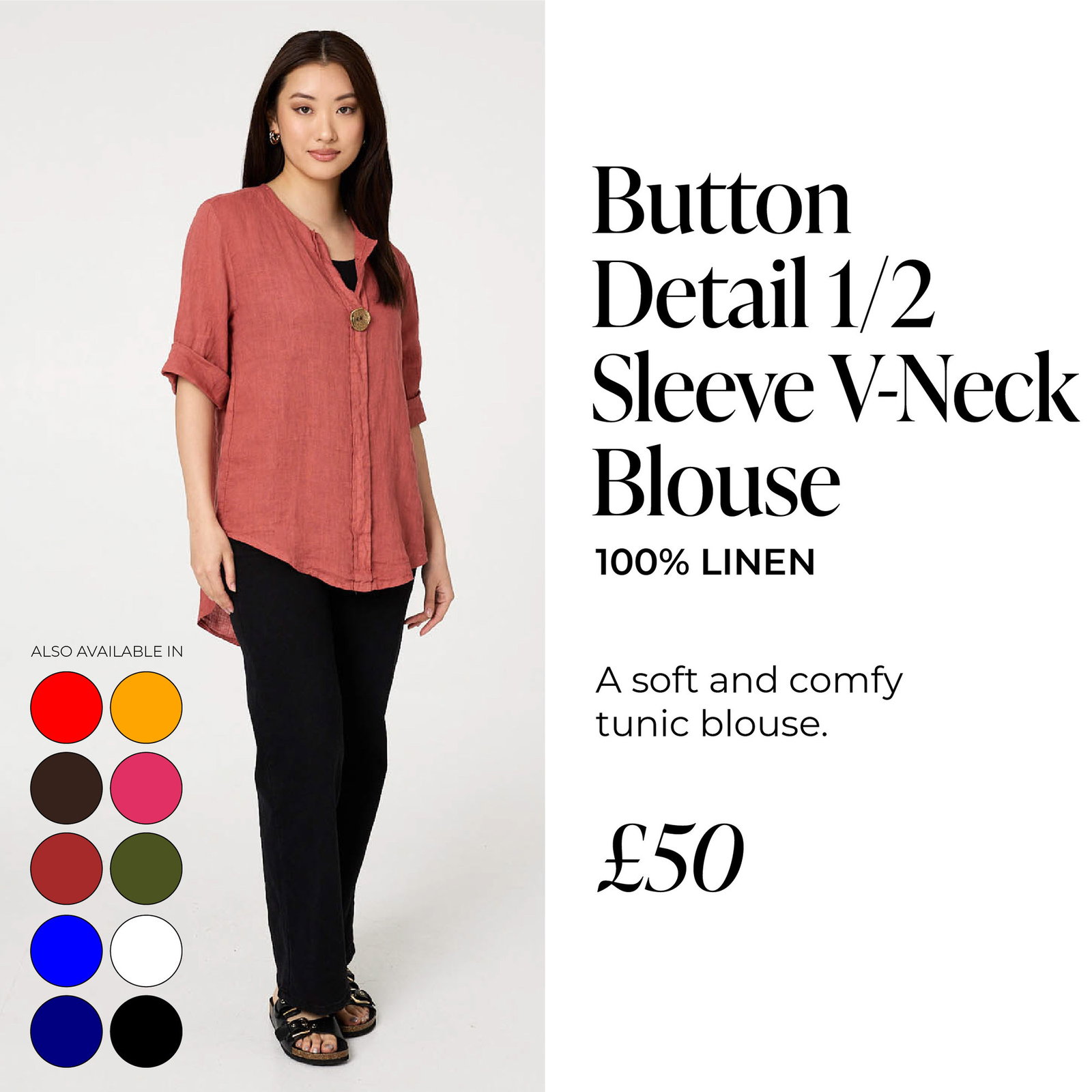 Button Detail 1/2 Sleeve V-Neck Blouse | Shop Now