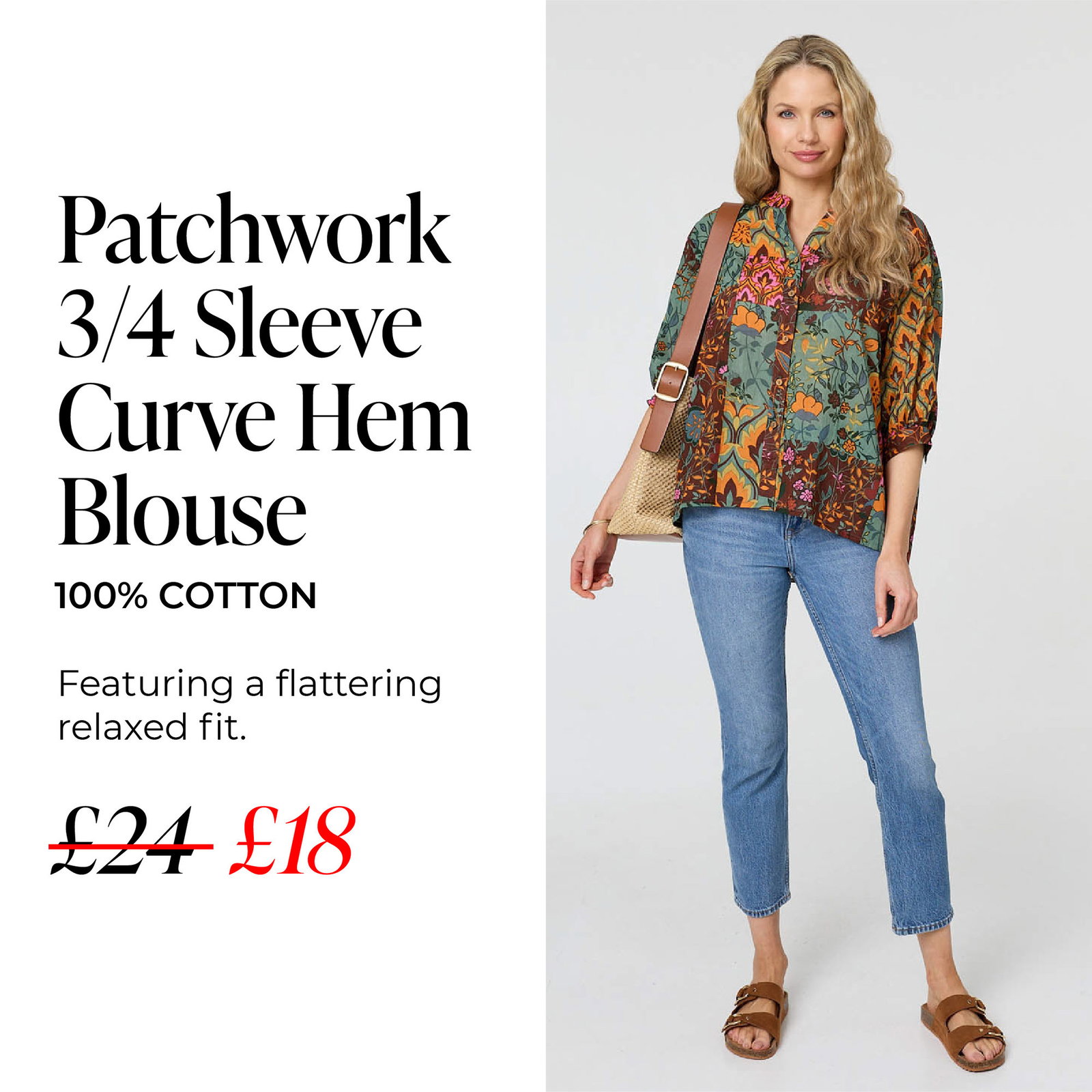 Patchwork 3/4 Sleeve Curve Hem Blouse | Shop Now