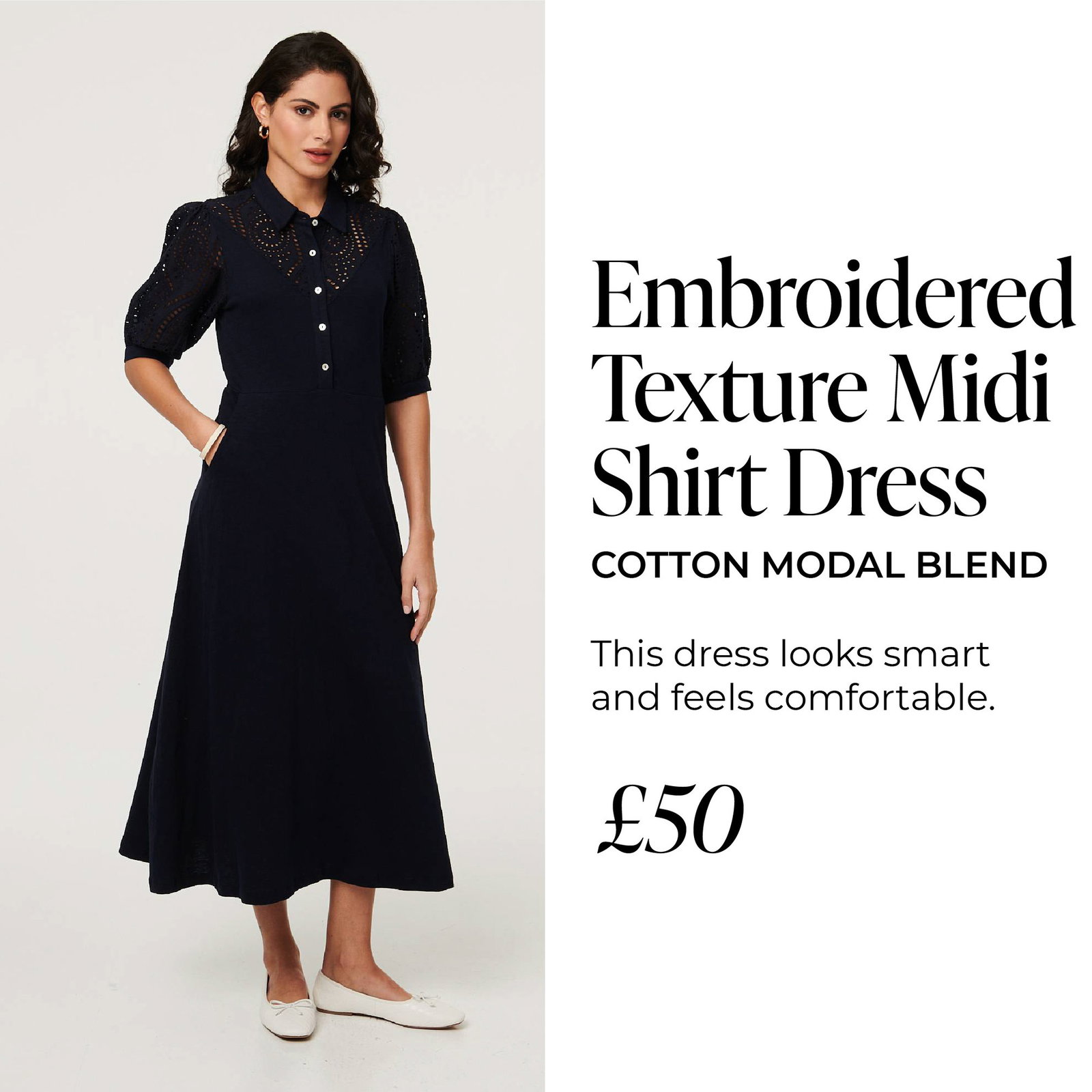 Embroidered Texture Midi Shirt Dress | Shop Now