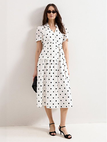 Adele Black and Ivory Spot Textured Swing Dress