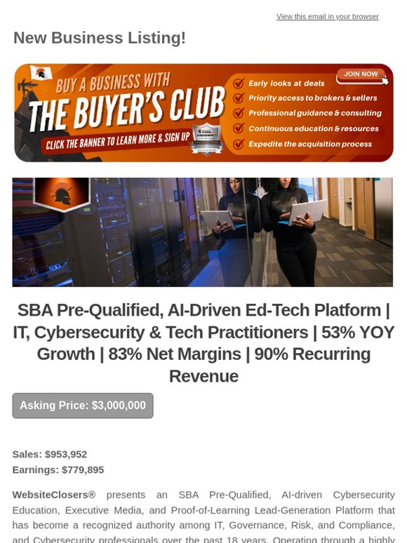 New Deal Alert: SBA Pre-Qualified, AI-Driven Ed-Tech Platform | IT, Cybersecurity & Tech Practitioners | 53% YOY Growth | 83% Net Margins