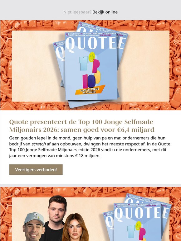 Quote presenteert de Top 100 Jonge Selfmade Miljonairs 2026: samen goed voor €6,4 miljard