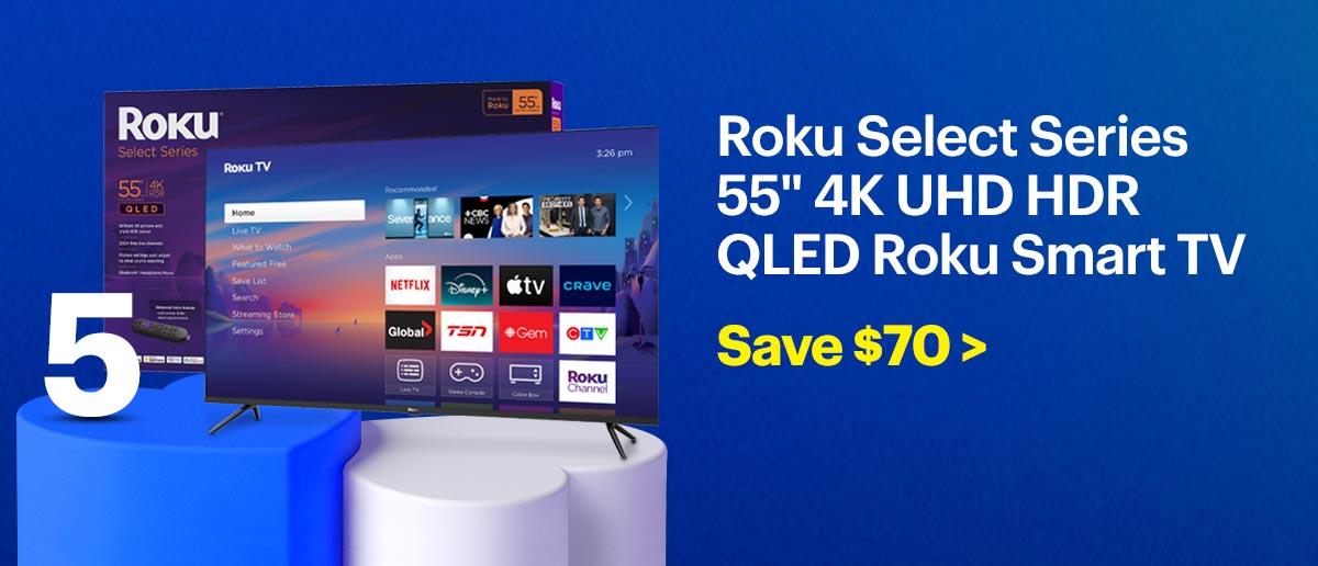 Roku Select Series 55" 4K UHD HDR QLED Roku Smart TV. Save $70.