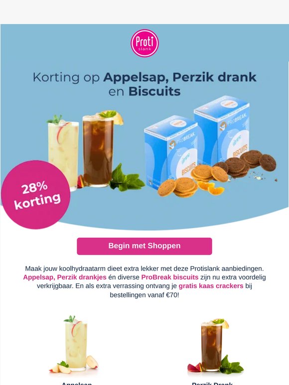 Korting op Appelsap, Perzik drank en Biscuits