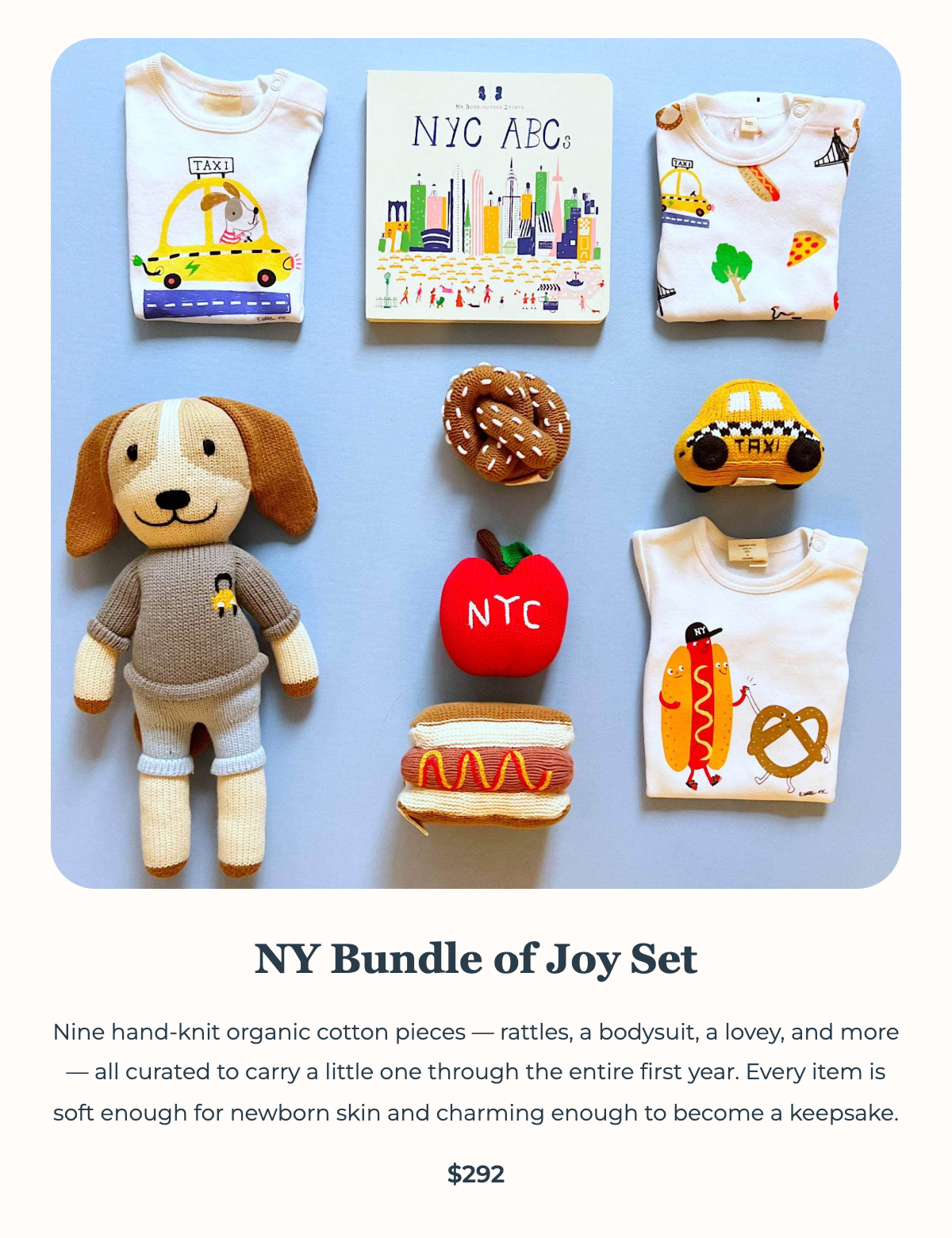 NY Bundle of Joy Set flatlay showing all 9 pieces